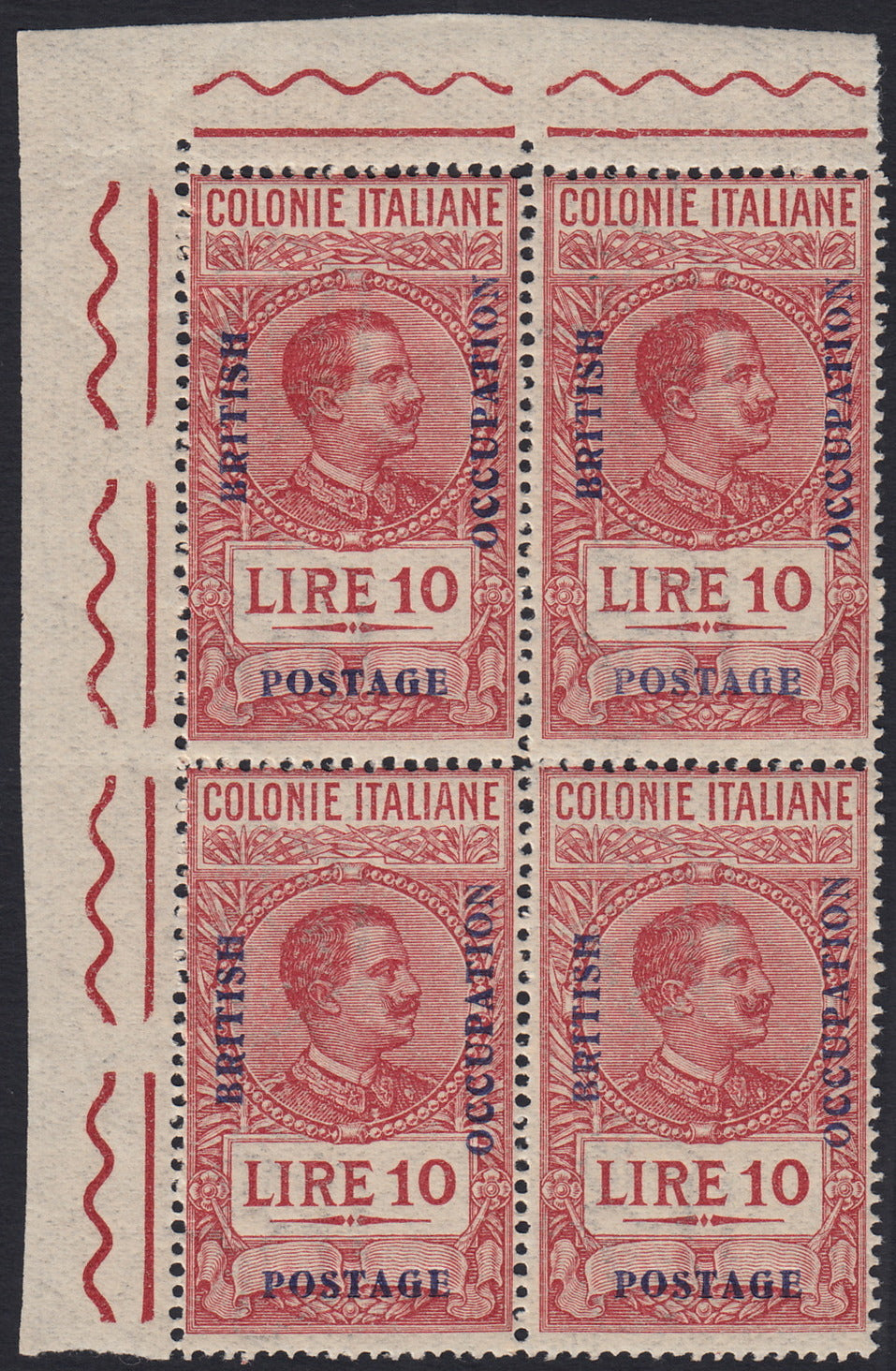 BOCC20 - 1941 - Marche fiscali delle Colonie Italiane soprastampate "British Occupation Postage", L. 10 carminio quartina nuova integra (17)