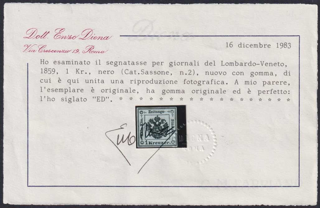 BS2 - 1858/59 - Aquila bicipite, segnatasse per giornali 1 kr. nero nuovo con gomma originale, rarissimo francobollo (2).