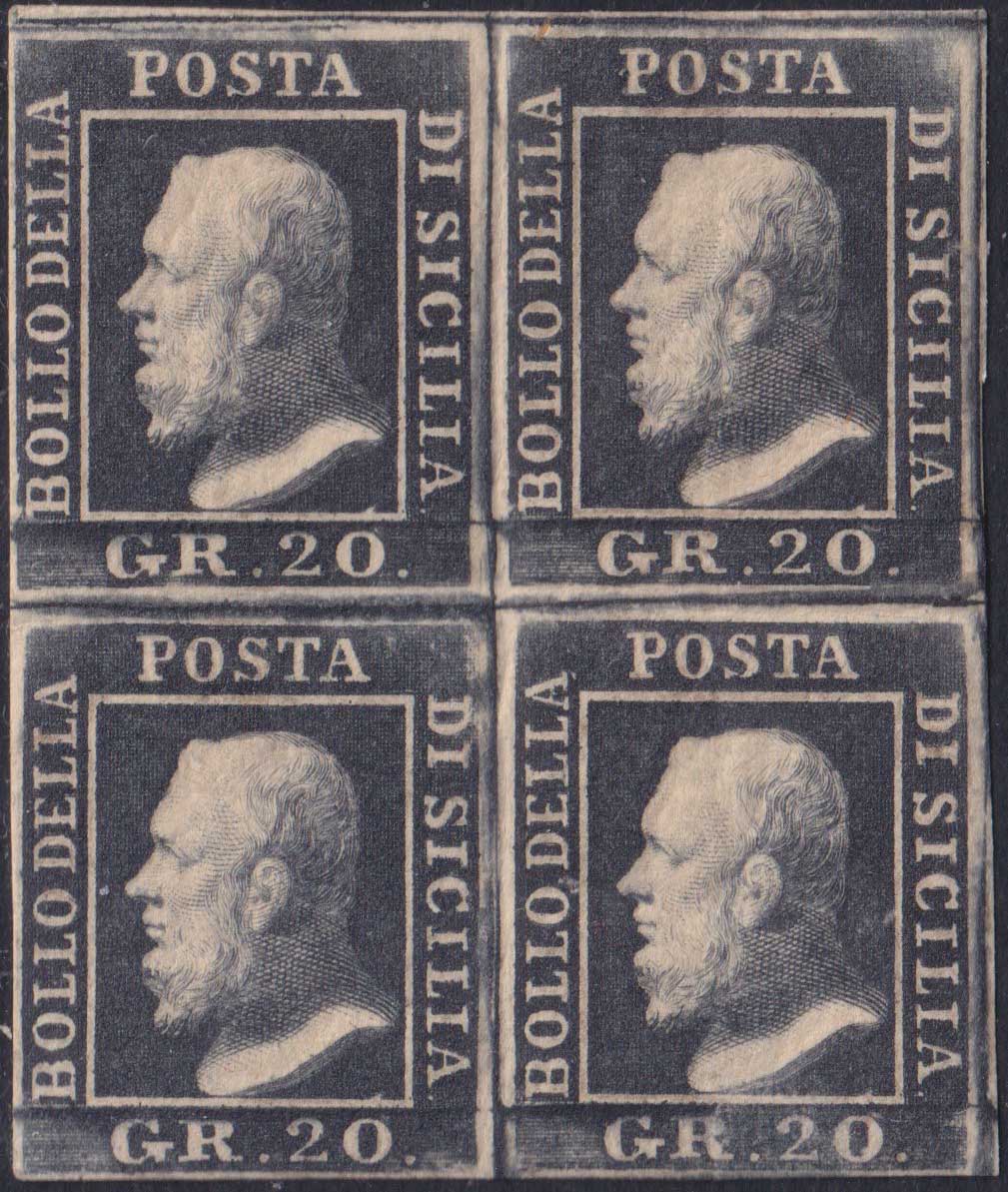 BS6 - 1859 - Effigie di Federico II di Borbone, 20 grana grigio ardesia scuro blocco di 4 esemplari nuovo con gomma (13c)
