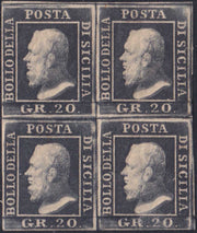 BS6 - 1859 - Effigie di Federico II di Borbone, 20 grana grigio ardesia scuro blocco di 4 esemplari nuovo con gomma (13c)