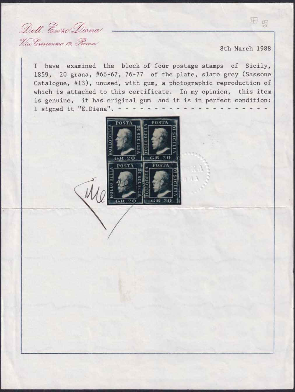 BS6 - 1859 - Effigie di Federico II di Borbone, 20 grana grigio ardesia scuro blocco di 4 esemplari nuovo con gomma (13c)