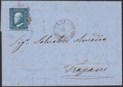 BS9 - 1859 - Effigie di Federico II di Borbone, 2 grana azzurro oltremare I tavola carta di Napoli su lettera da Palermo a Trapani 9/6/59 (6d, ritocco 94)
