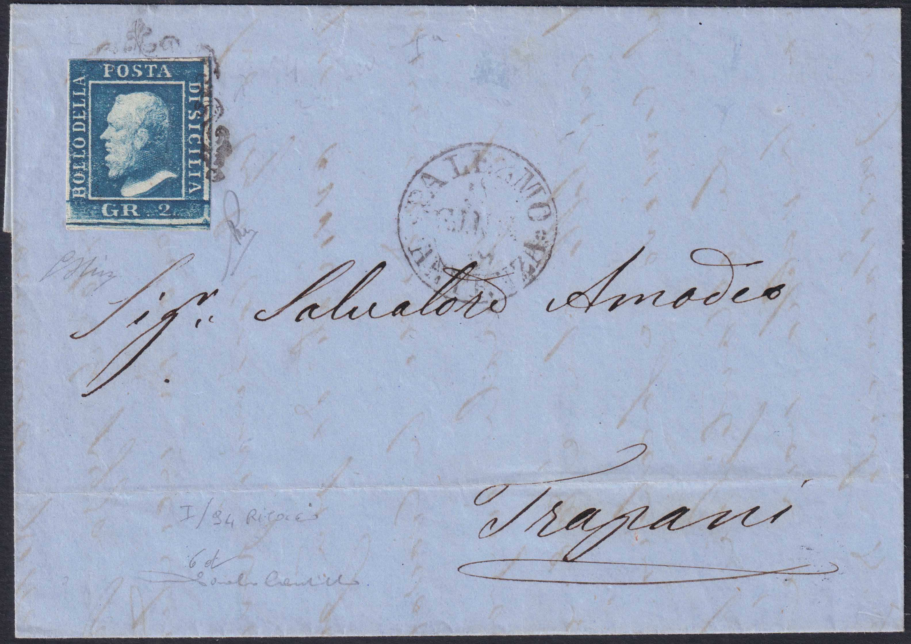 BS9 - 1859 - Effigie di Federico II di Borbone, 2 grana azzurro oltremare I tavola carta di Napoli su lettera da Palermo a Trapani 9/6/59 (6d, ritocco 94)