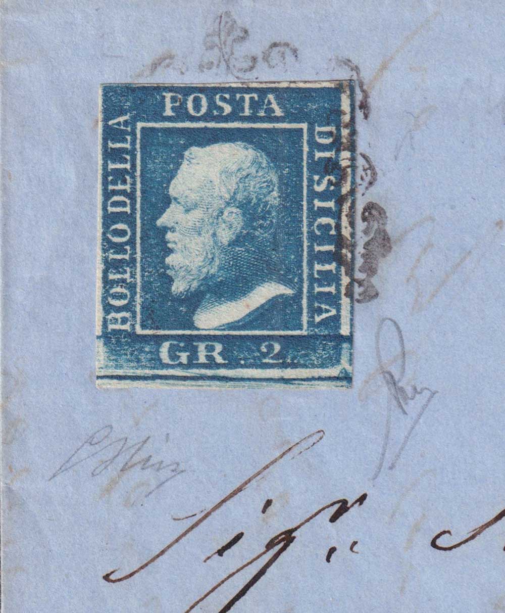 BS9 - 1859 - Effigie di Federico II di Borbone, 2 grana azzurro oltremare I tavola carta di Napoli su lettera da Palermo a Trapani 9/6/59 (6d, ritocco 94)