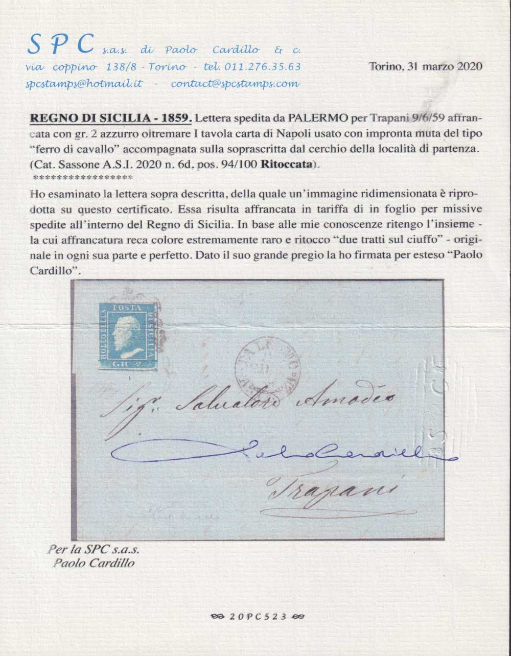 BS9 - 1859 - Effigie di Federico II di Borbone, 2 grana azzurro oltremare I tavola carta di Napoli su lettera da Palermo a Trapani 9/6/59 (6d, ritocco 94)