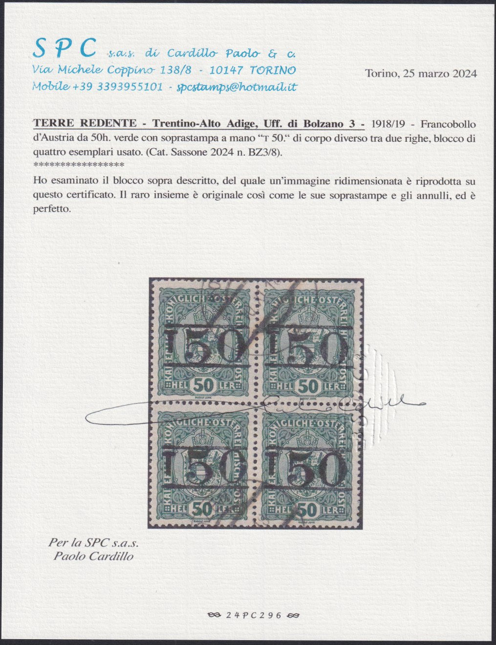 BZ19 - 1918/19 - Trentino Alto Adige, Bolzano office 3, green 50 heller Austrian stamp with overprint "T + larger body digit between two lines", used block of four copies (BZ3/8)