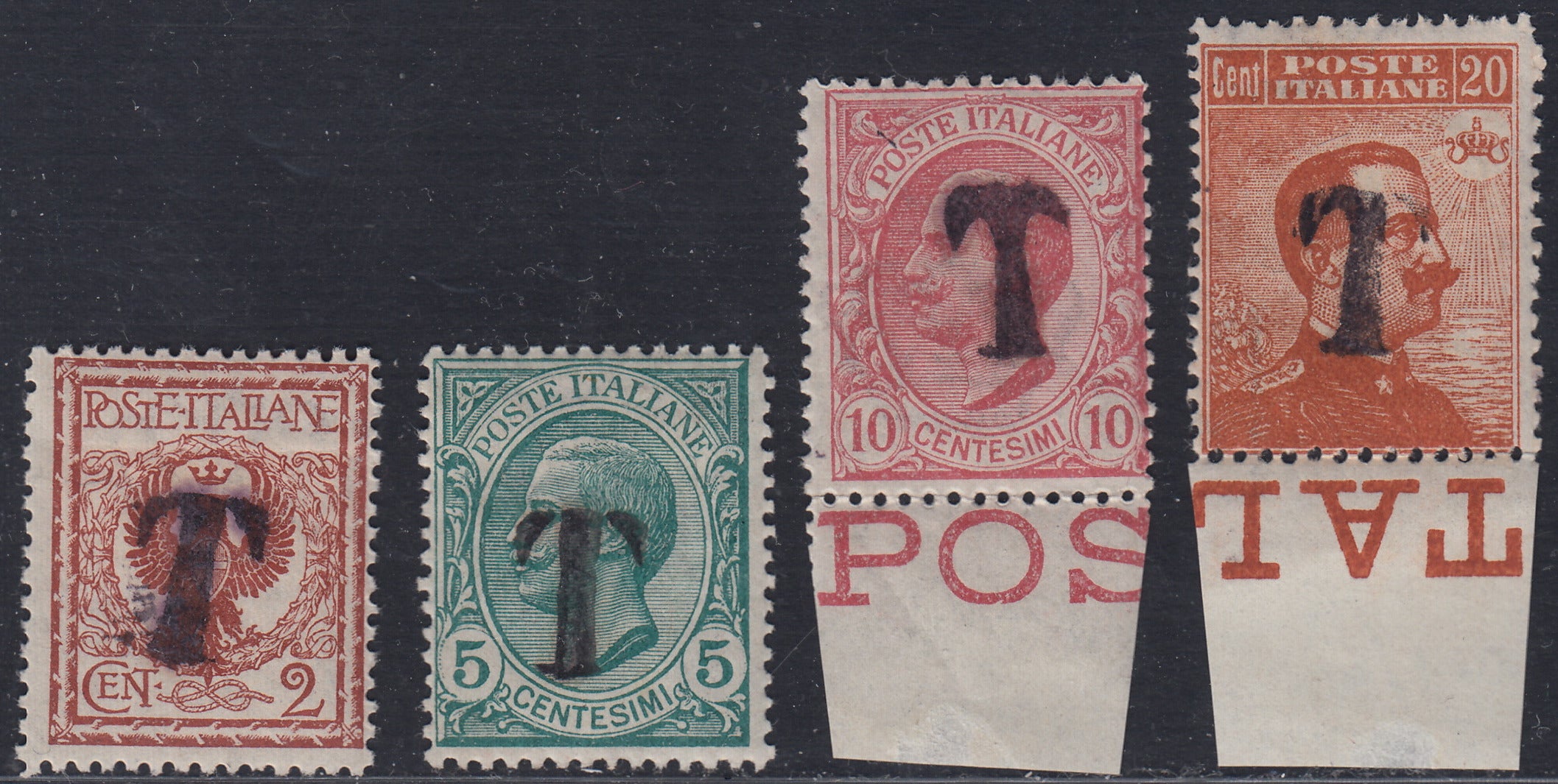 BZ27 - 1918/19 - Trentino Alto Adige, ufficio di Bolzano 1, francobolli di Regno soprastampati grande lettera "T" a mano, nuovi (BZ1-1/4)