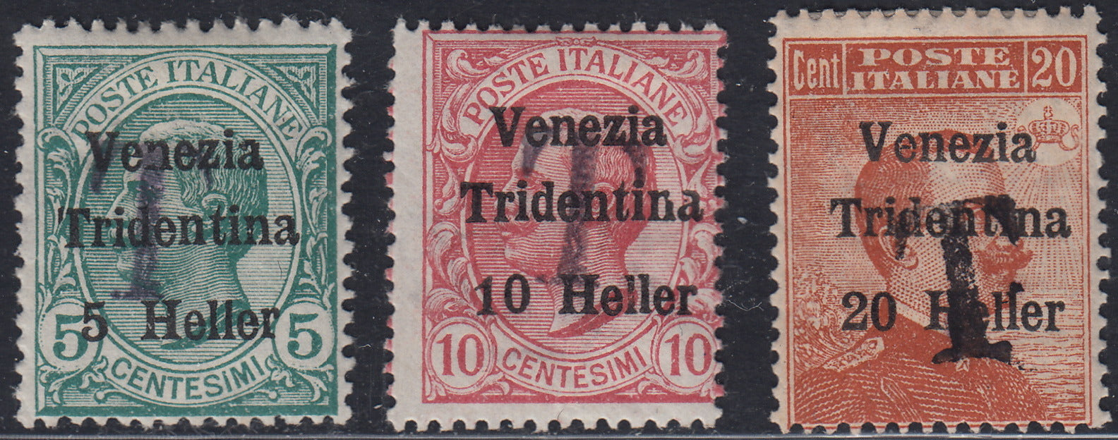 BZ28 - 1918/19 - Trentino Alto Adige, ufficio di Bolzano 1, francobolli di Regno soprastampati "Venezia Tridentina" e grande lettera "T" a mano, nuovi (BZ1-5/7)