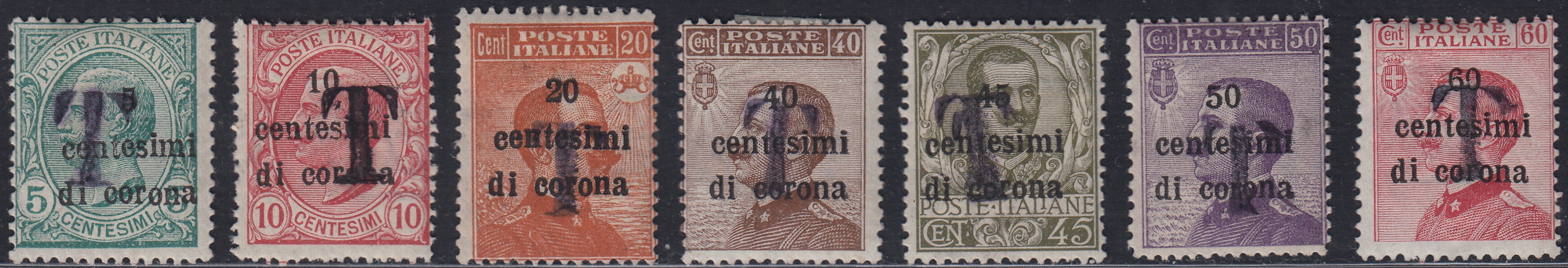 BZ29 - 1918/19 - Trentino Alto Adige, ufficio di Bolzano 1, francobolli di Regno in centesimi di corona e soprastampati grande lettera "T" a mano, nuovi (BZ1-12/14 + 16/19)
