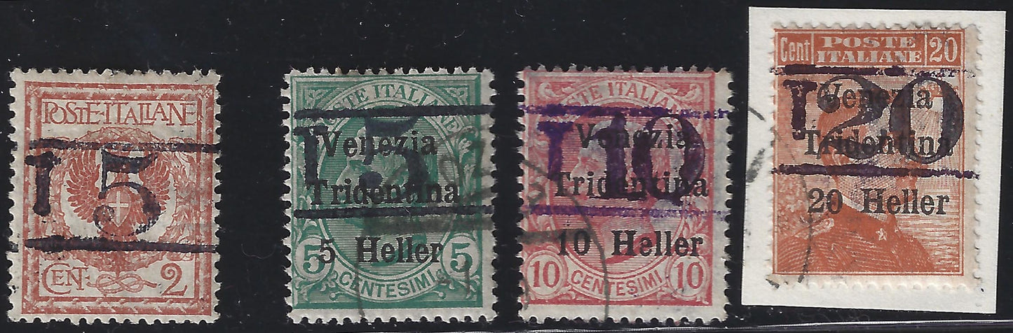 BZ2 - 1918 - Trentino Alto Adige, Bolzano office 3, Italian stamps overprinted with "Venezia Tridentina" and value in Heller, horizontal overprint T between two lines and number, used series. (BZ3/10/13)