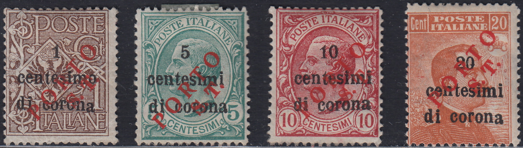 BZ30 - 1918/19 - Trentino Alto Adige, ufficio di Bolzano 3, francobolli d'Italia sopratampati in centesimi di corona + PORTO S.T. in rosso, quattro valori nuovi con gomma. (BZ3/133+135/7)