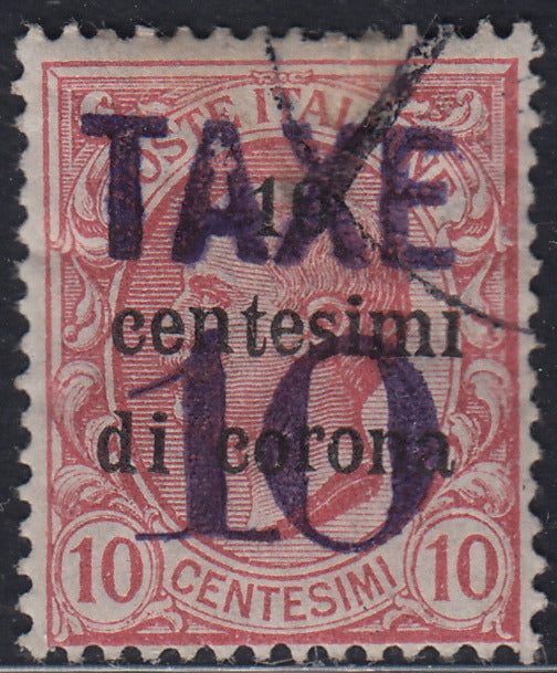 BZ31 - 1918/19 - Trentino Alto Adige, ufficio di Bolzano 3, Leoni c. 10 rosa sopratampato in centesimi di corona + TAXE e nuovo valore, usato. (BZ3/81)