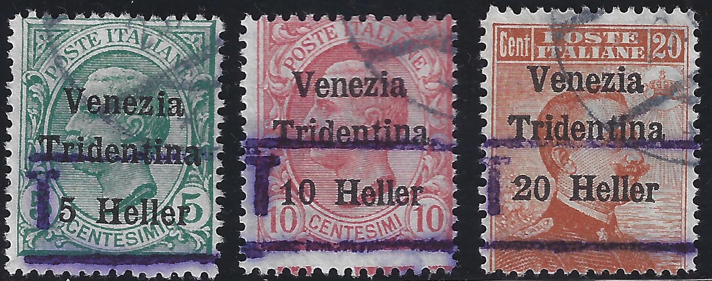 BZ3 - 1918 - Trentino Alto Adige, ufficio di Bolzano 3, francobolli d'Italia sopratampati "Venezia Tridentina" e valore in Heller, soprastampa orizzontale "T" fra due righe serie usata. (BZ3/20-22)