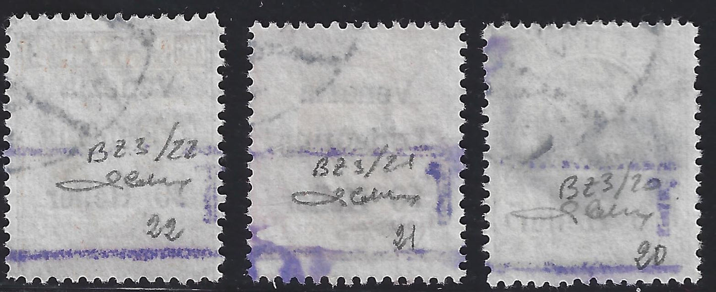 BZ3 - 1918 - Trentino Alto Adige, Bolzano office 3, Italian stamps overprinted with "Venezia Tridentina" and value in Heller, horizontal overprint "T" between two lines, used series. (BZ3/20-22)