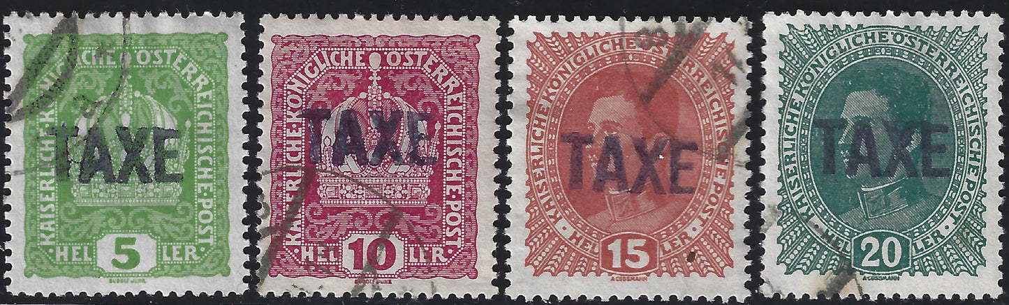 BZ4 - 1918 - Trentino Alto Adige, ufficio di Bolzano 3, francobolli d'Austria soprastampati TAXE, lotto di quattro esemplari usati (BZ3/23-26)