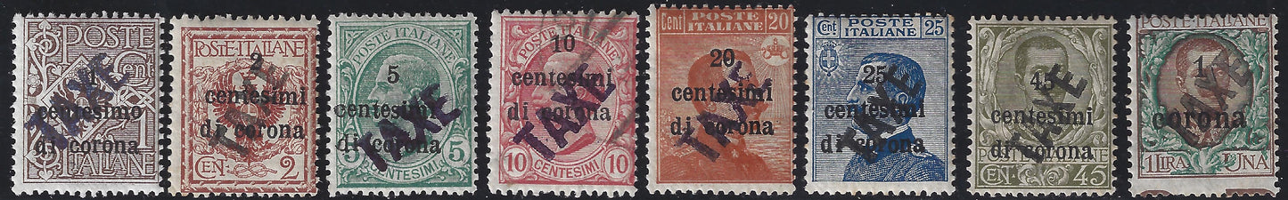 BZ5 - 1918/19 - Trentino Alto Adige, ufficio di Bolzano 3, francobolli d'Italia soprastampati in centesimi di corona e TAXE diagonale, 8 valori nuovi con gomma (BZ3/49-54 + 56 + 59)