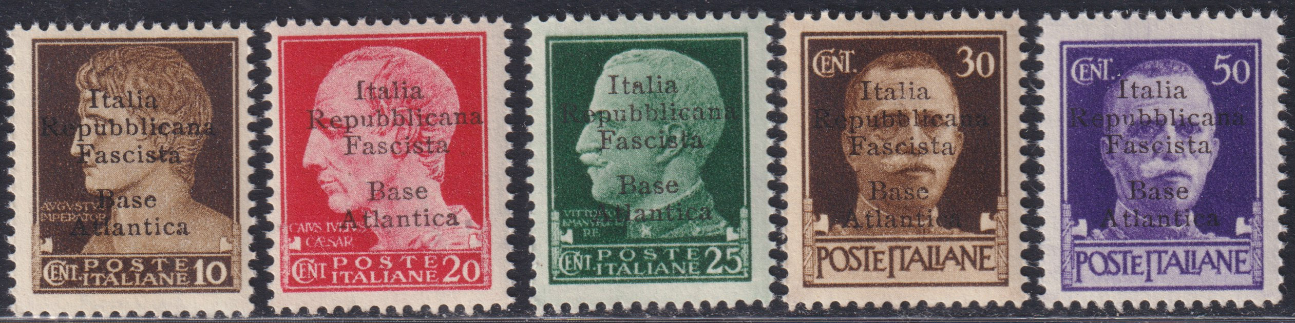 Basea-2 - 1943 - Francobolli d'Italia con soprastampa Base Atlantica del II tipo serietta di cinque valori nuova gomma integra (6, 8/11)