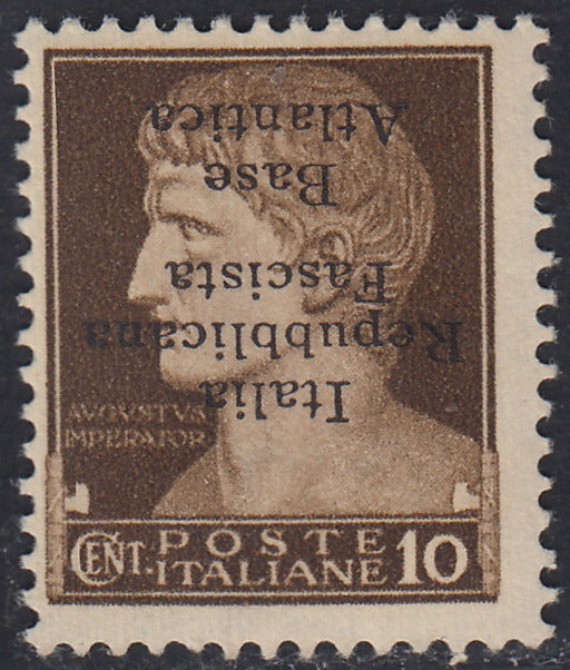Basea-9 - 1943 - Stamps of Italy with overprint Atlantic Base of the II type c. 10 brown with upside down overprint (6a)