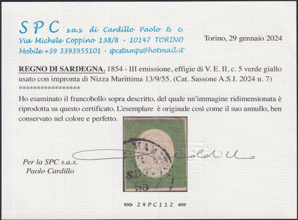 CG10 - 1854 - III emissione c. 5 verde giallo usato a Nizza Marittima, di grande qualità. (7).