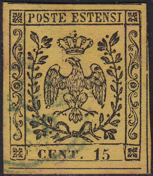 CG112 - 1852 - Aquila estense, emissione senza punto dopo la cifra, c.15 giallo usato (3)