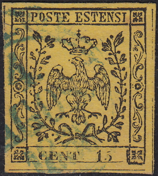 CG113 - 1852 - Aquila estense, emissione senza punto dopo la cifra, c.15 giallo usato (3)