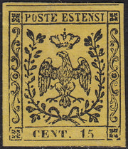CG114 - 1852 - Aquila estense, emissione senza punto dopo la cifra, c.15 giallo nuovo con gomma originale (3)