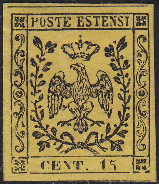 CG114 - 1852 - Aquila estense, emissione senza punto dopo la cifra, c.15 giallo nuovo con gomma originale (3)