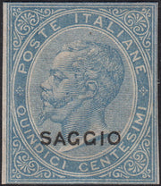 CG122 - 1863 - Emissione De La Rue, c. 15 celeste non dentellato e con soprastampa SAGGIO nuovo (L18, saggio)