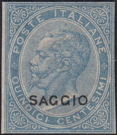 CG122 - 1863 - Emissione De La Rue, c. 15 celeste non dentellato e con soprastampa SAGGIO nuovo (L18, saggio)