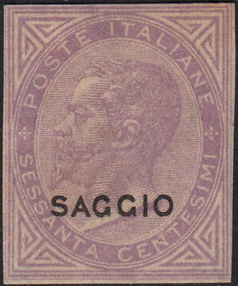 CG123 - 1863 - Emissione De La Rue, c. 60 lilla chiaro non dentellato e con soprastampa SAGGIO nuovo (L21, saggio)