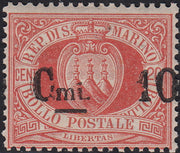 CG124 - 1892 - Stemma, c. 10 su 20c. rosso varietà "mi" caduta in basso nuovo con gomma (10l)