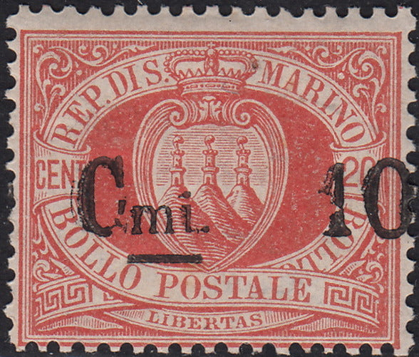 CG124 - 1892 - Stemma, c. 10 su 20c. rosso varietà "mi" caduta in basso nuovo con gomma (10l)