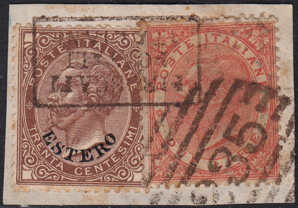 CG125 - 1874 - Emissione De La Rue, L. 2 scarlatto tiratuta di TORINO in affrancatura mista con c. 30 bruno soprastampato ESTERO su frammento con numerale 235 a sbarre + Proscafi Postali Italiani in cartella! (T22 + 6)