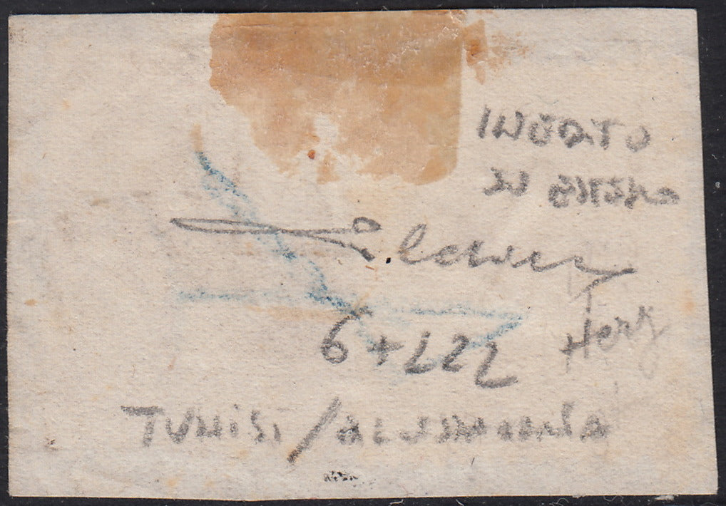 CG125 - 1874 - Emissione De La Rue, L. 2 scarlatto tiratuta di TORINO in affrancatura mista con c. 30 bruno soprastampato ESTERO su frammento con numerale 235 a sbarre + Proscafi Postali Italiani in cartella! (T22 + 6)