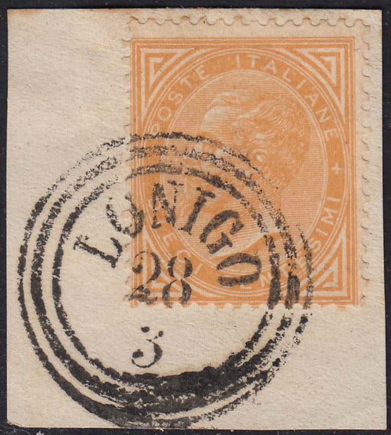 CG126 - 1874 - Emissione De La Rue, tiratura di TORINO c. 10 giallo ocra usato con il C3 austriaco di LONIGO 28/3 (T17)