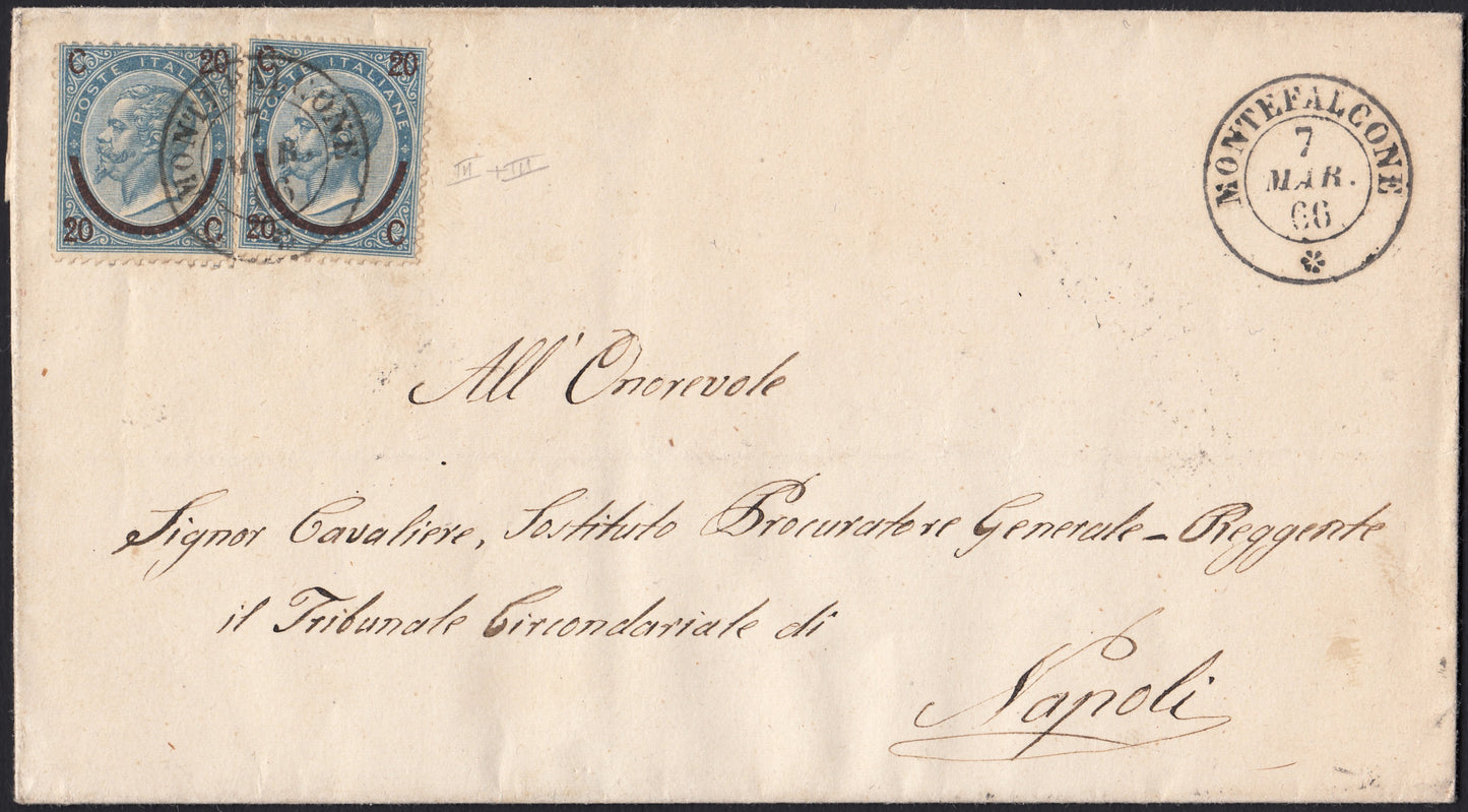 CG141 - 1866 - Lettera spedita da Montefalcone (nel Sannio) per Napoli 7/3/66 affrancata con c. 20 su 15 azzurro del III tipo 2 esemplari (23)