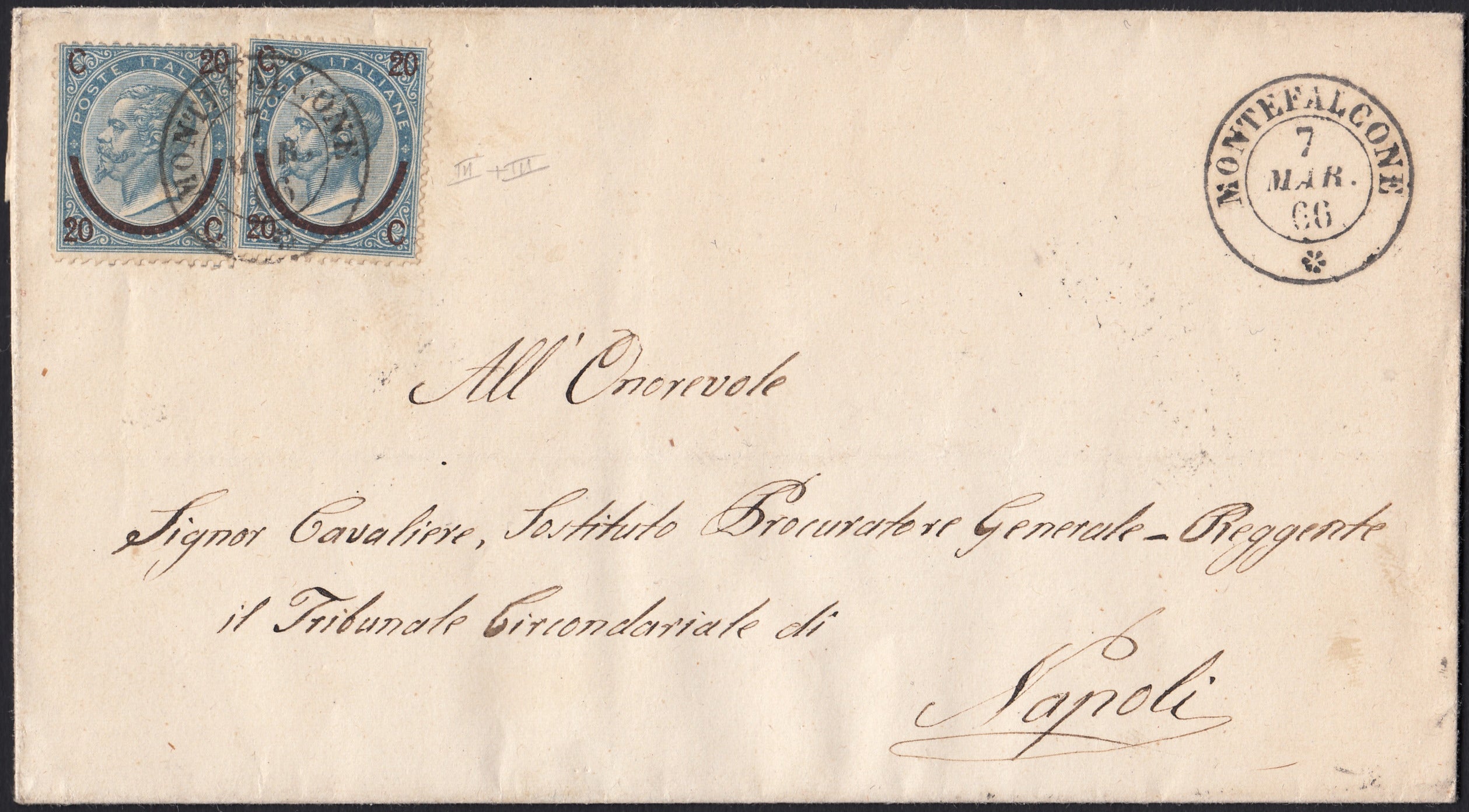 CG141 - 1866 - Lettera spedita da Montefalcone (nel Sannio) per Napoli 7/3/66 affrancata con c. 20 su 15 azzurro del III tipo 2 esemplari (23)