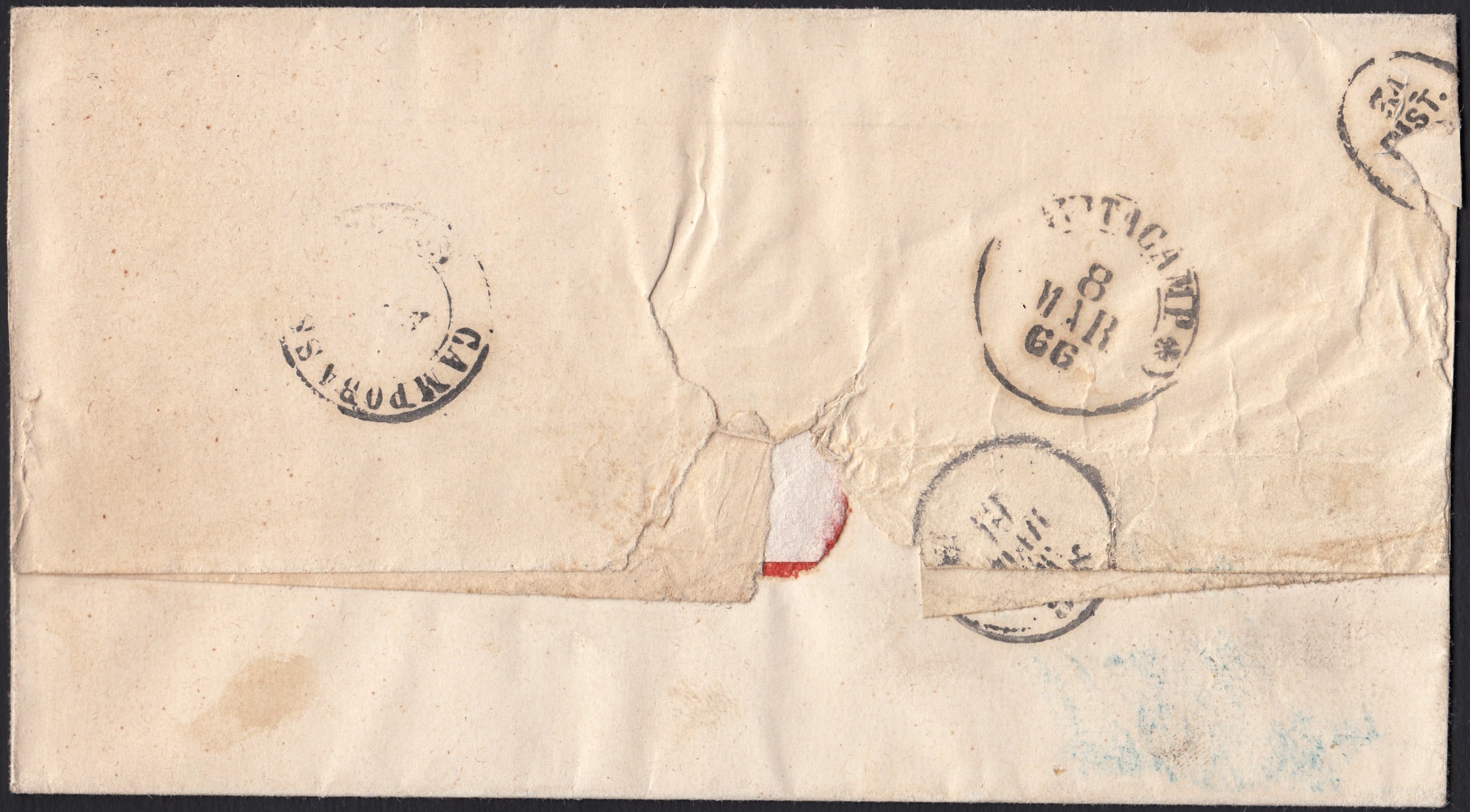 CG141 - 1866 - Lettera spedita da Montefalcone (nel Sannio) per Napoli 7/3/66 affrancata con c. 20 su 15 azzurro del III tipo 2 esemplari (23)