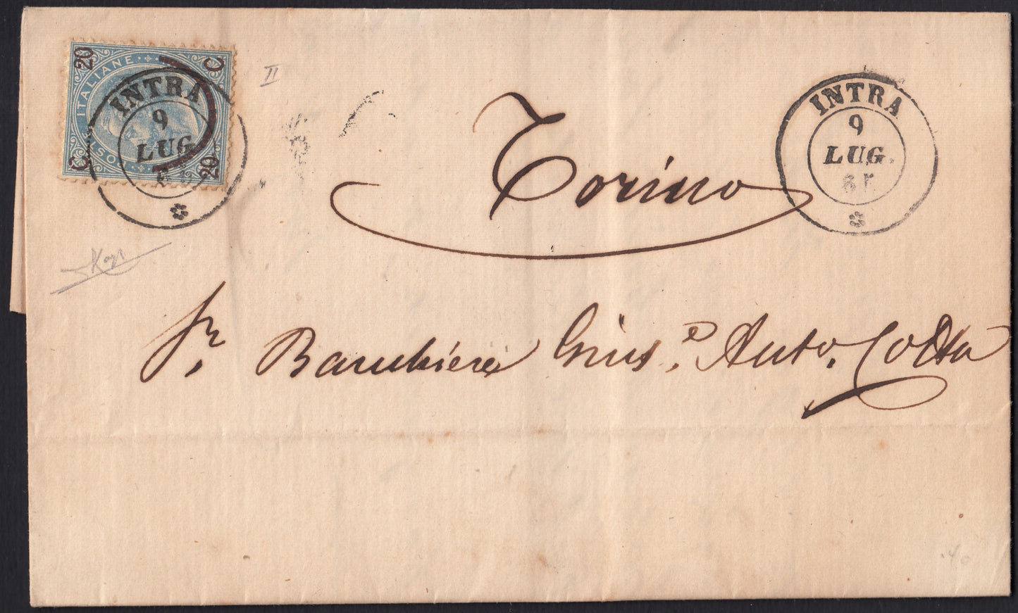 CG143 - 1865 - Lettera spedita da Intra per Torino 9/7/65 affrancata con c. 20 su 15 azzurro del II tipo (24)