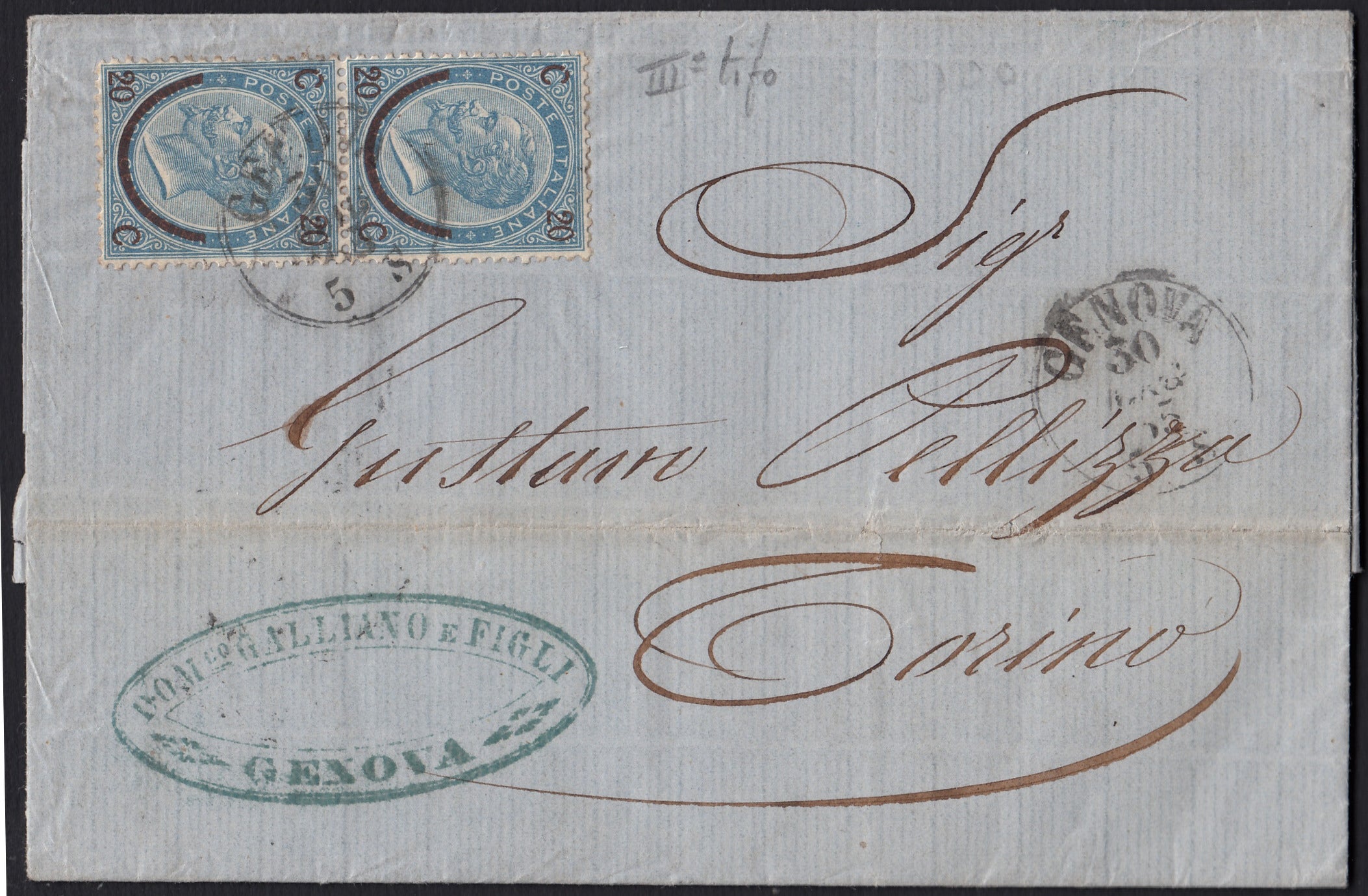 CG144 - 1865 - Lettera spedita da Genova per Torino 30/5/65 affrancata con c. 20 su 15 azzurro del III tipo coppia verticale (23)