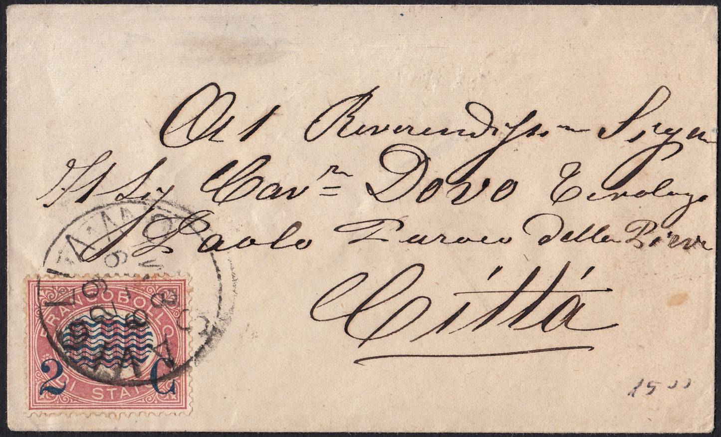 CG150 - 1881 - Biglietto d'Auguri da Savigliano per Città affrancato con c. 2 su L. 2 lacca scuro, oggetto molto particolare (34).