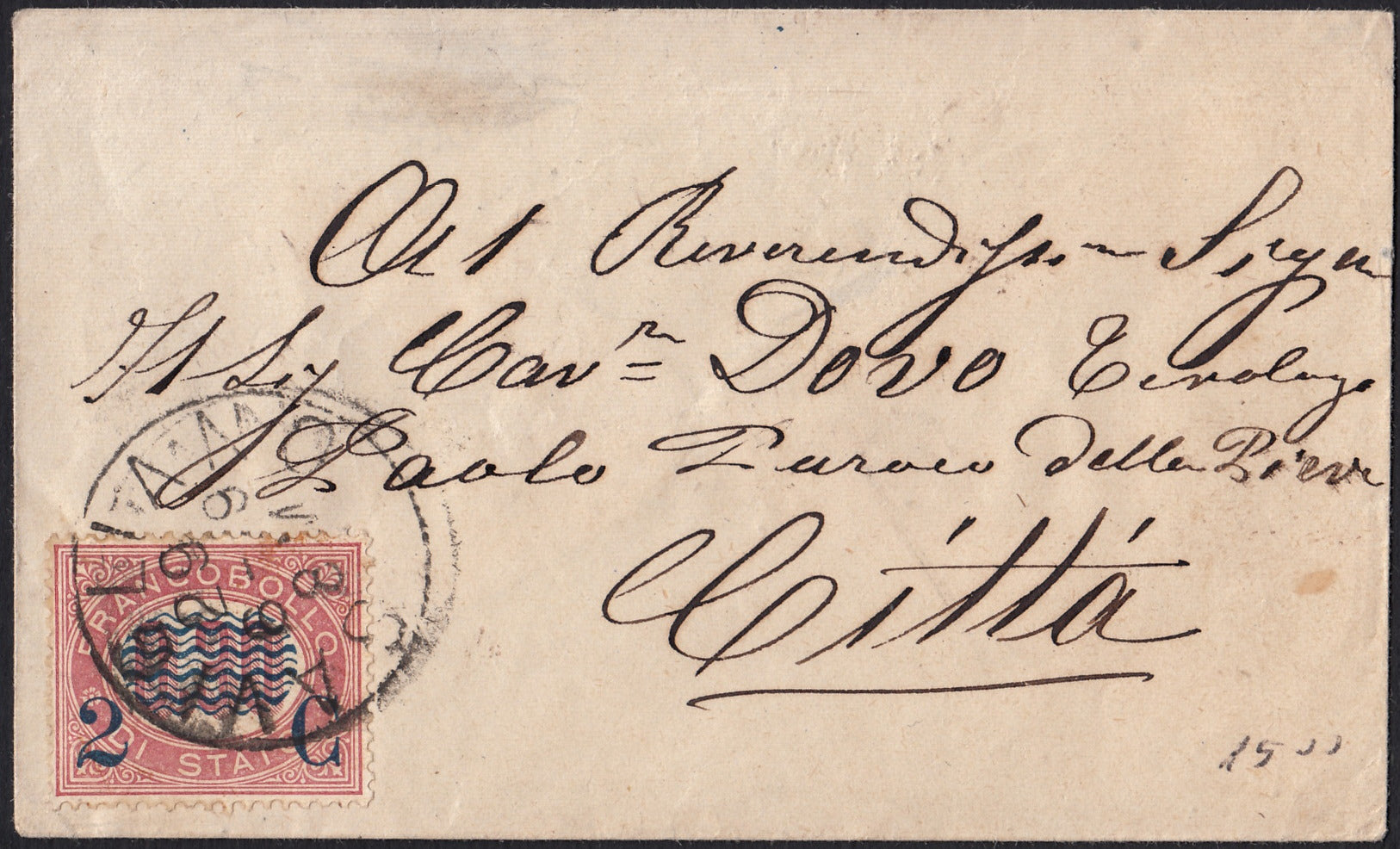 CG150 - 1881 - Biglietto d'Auguri da Savigliano per Città affrancato con c. 2 su L. 2 lacca scuro, oggetto molto particolare (34).