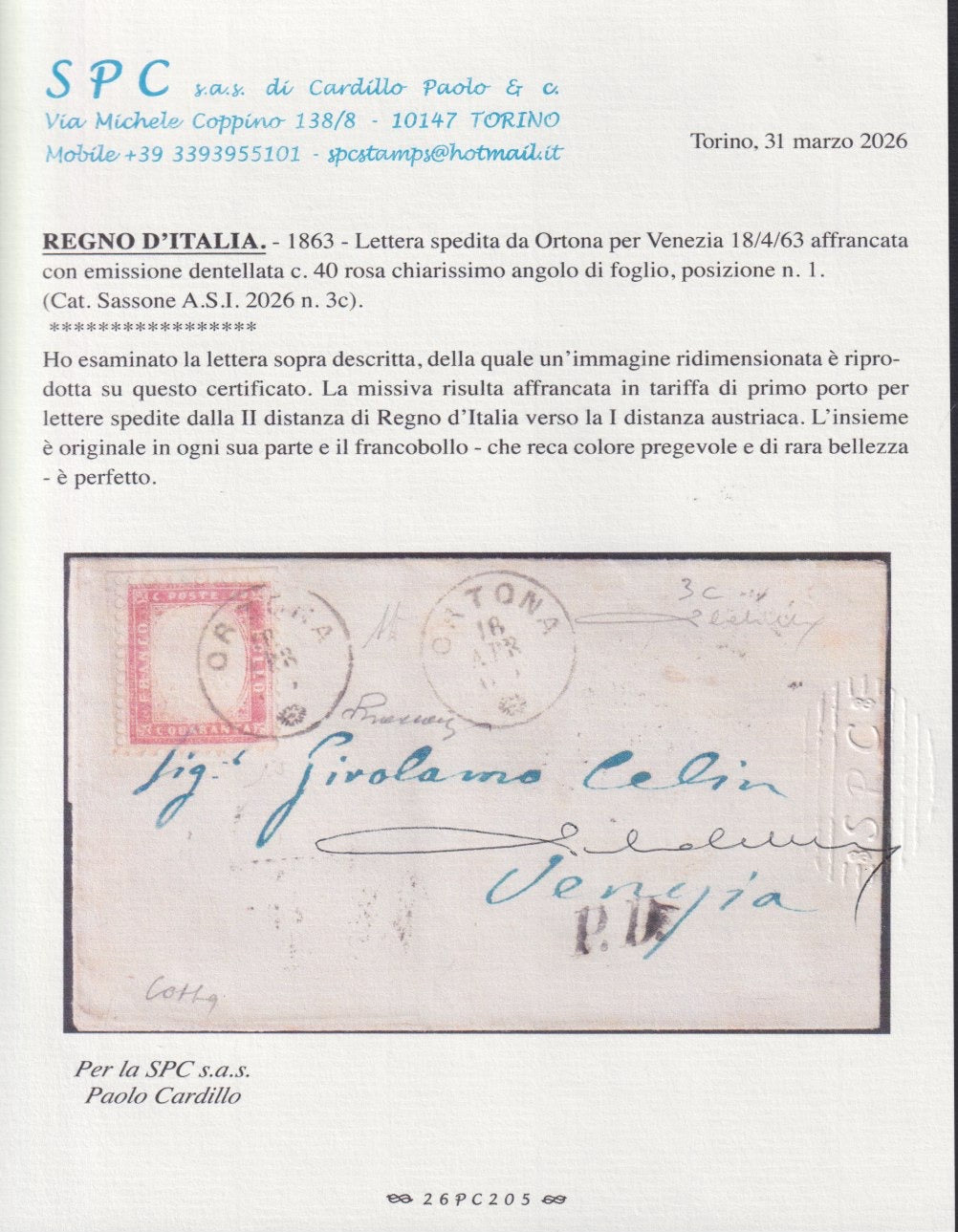 CG158 - 1863 - Emissione dentellata, c. 40 rosa chiarissimo su lettera da ORTONA per Venezia 18/4/63 (3c)