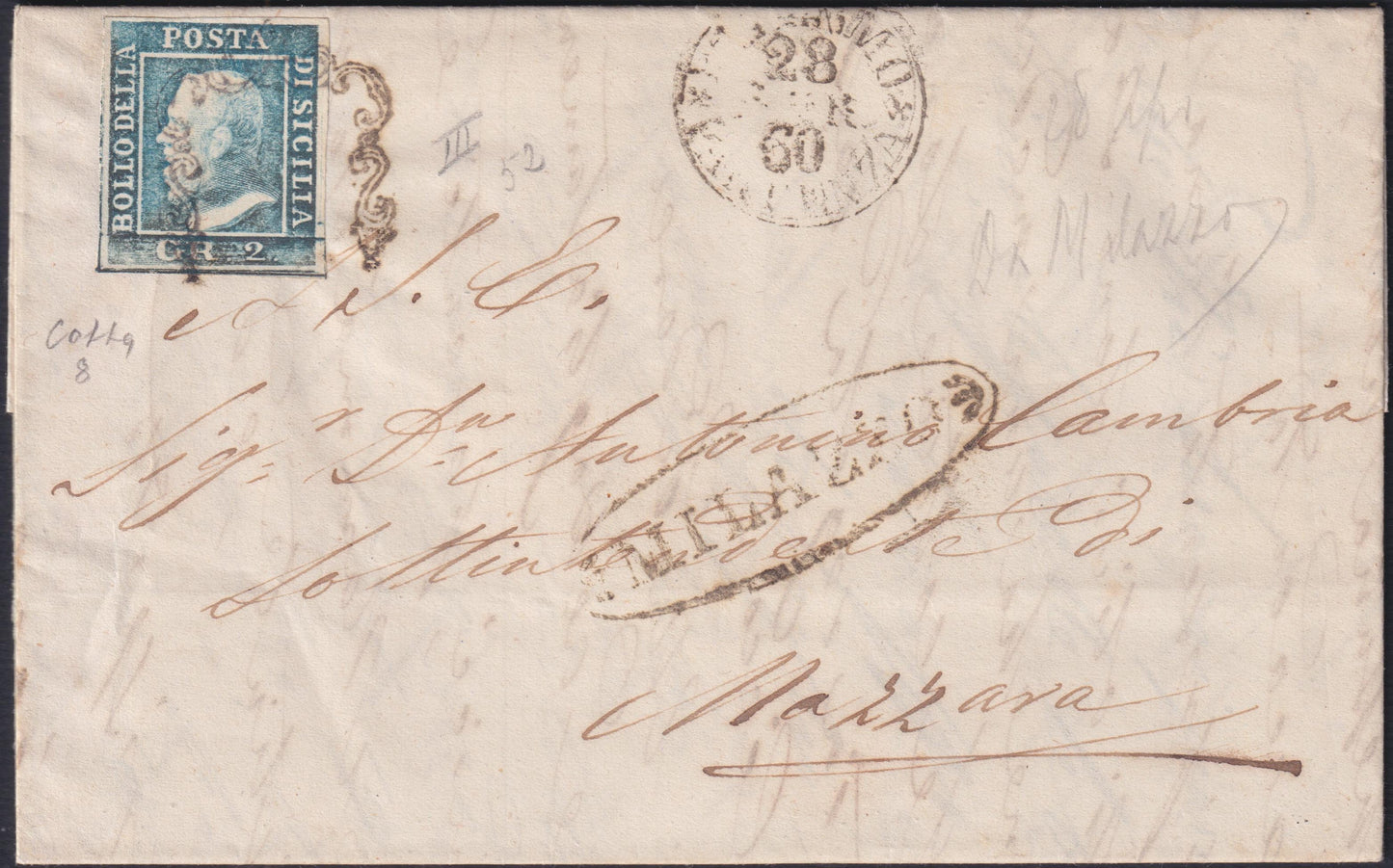 CG170 - Lettera spedita da  MILAZZO a Mazzara 26/4/60 affrancata con 2 grana azzurro III tavola carta di Palermo (8).