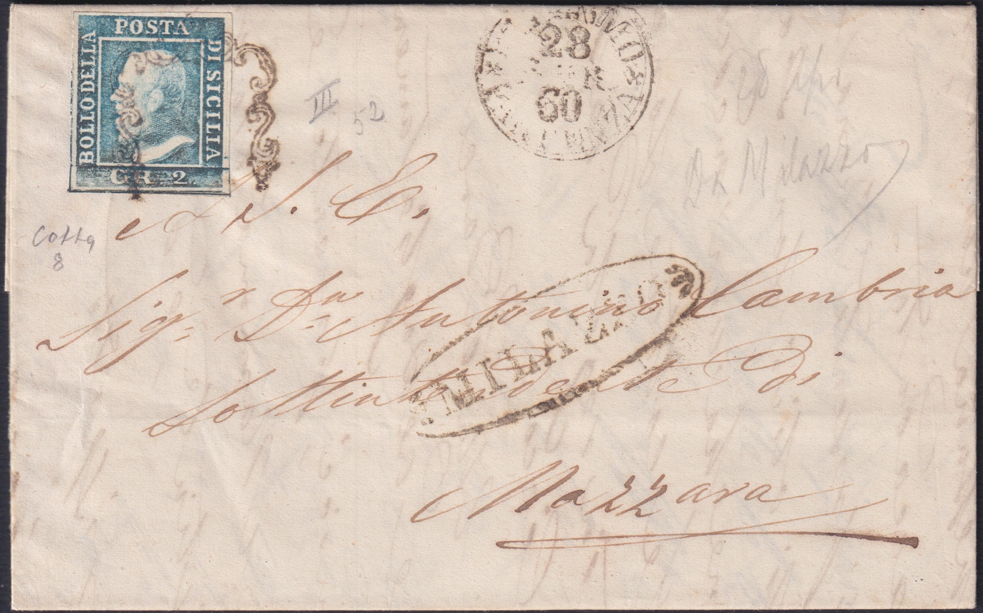 CG170 - Lettera spedita da  MILAZZO a Mazzara 26/4/60 affrancata con 2 grana azzurro III tavola carta di Palermo (8).