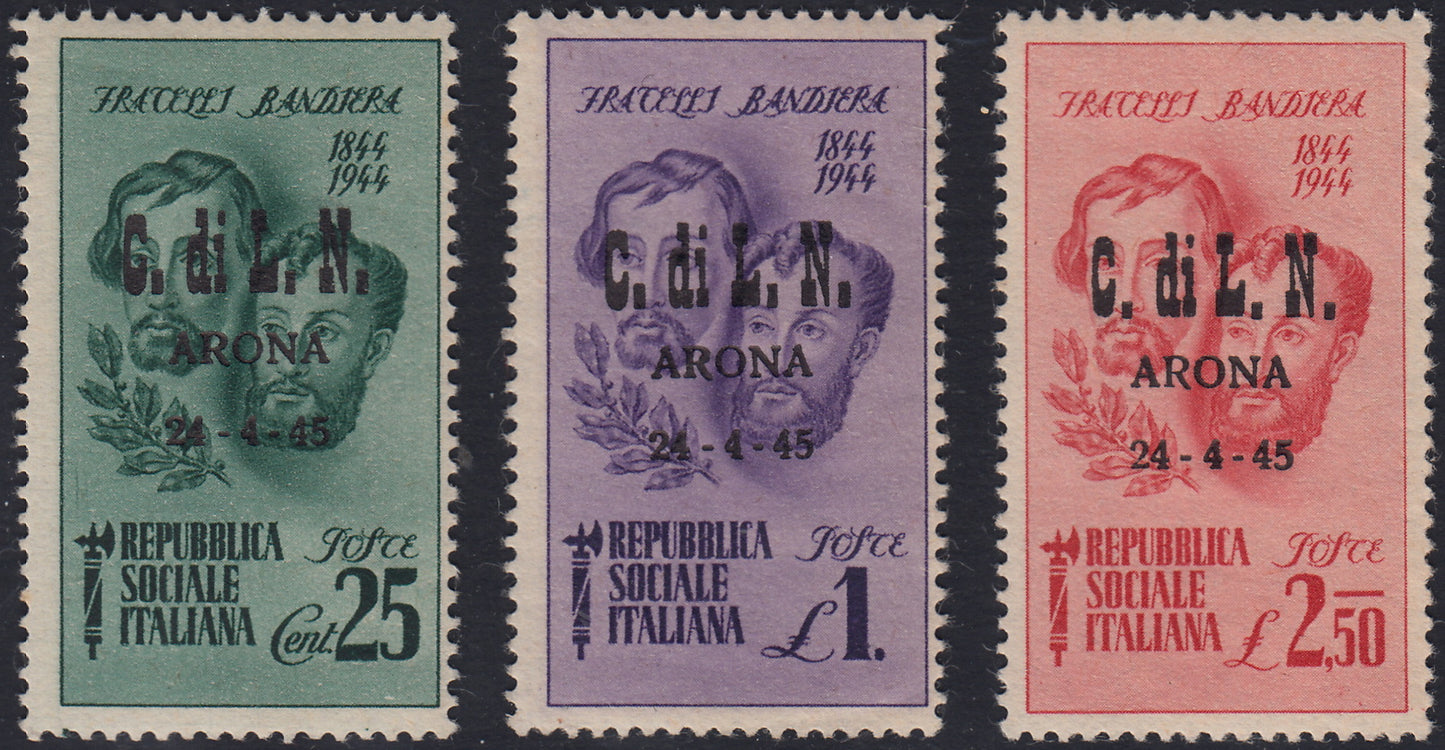 CLN Arona - Fratelli Bandiera L. 2.50 carmine horizontal pair of which one with variety (12 + 12b)