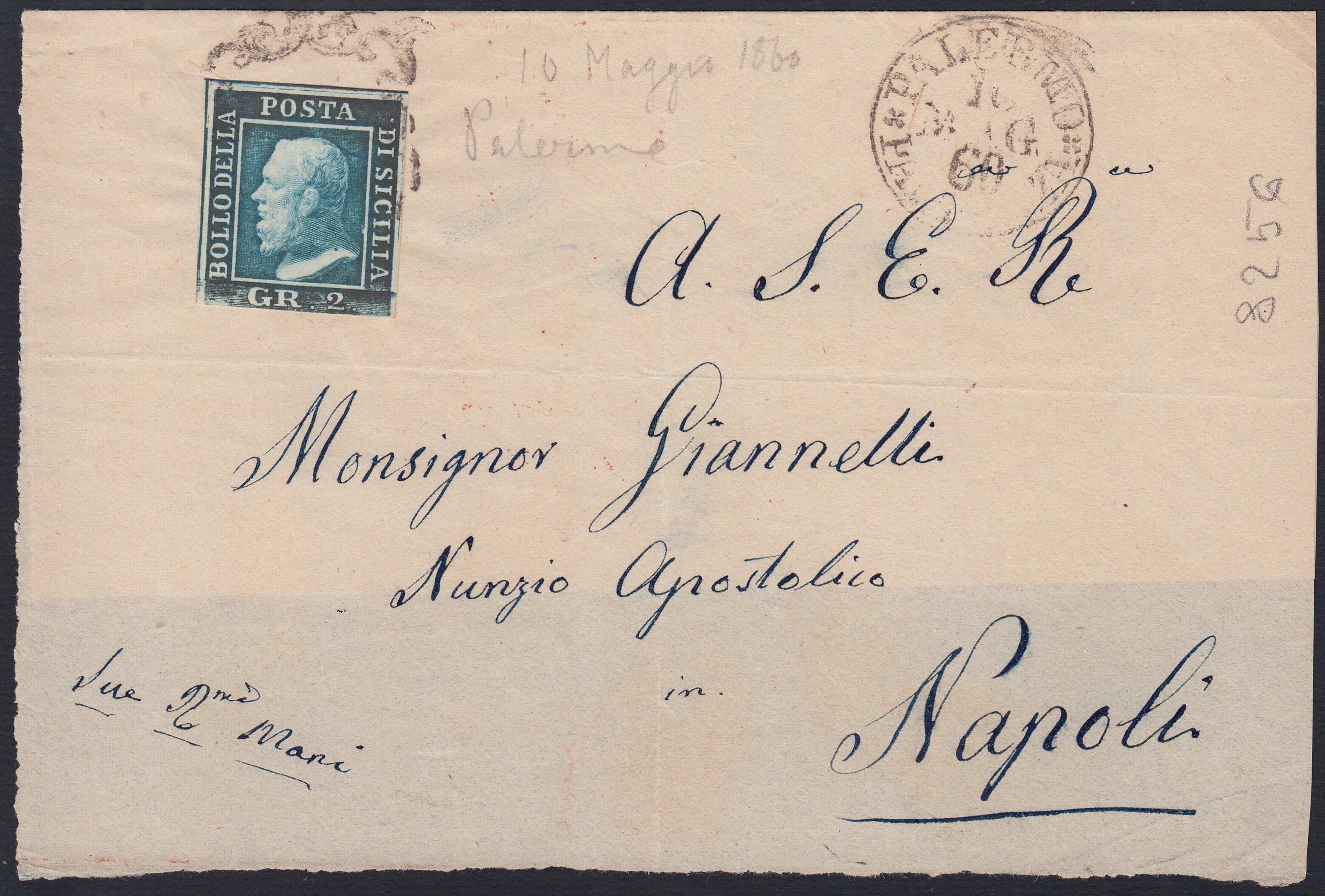 CG198 - 1859 - Involucro di lettera priva della sguardia inferiore affrancata con gr. 2 azzurro III tavola usato il 10/5/60 periodo Garibaldino, da Palermo per Napoli (8)