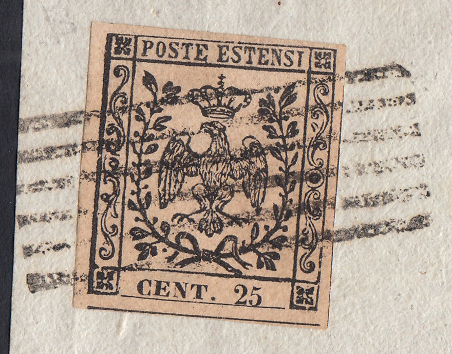 CG199 - 1852 - Aquila estense, emissione senza punto dopo la cifra, c. 25 camoscio usato su frammento (4a)