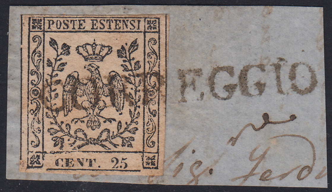 CG205 - 1852 - Aquila estense, emissione senza punto dopo la cifra, c.25 camoscio chiaro su frammento lineare CORREGGIO (4, p.ti 6)