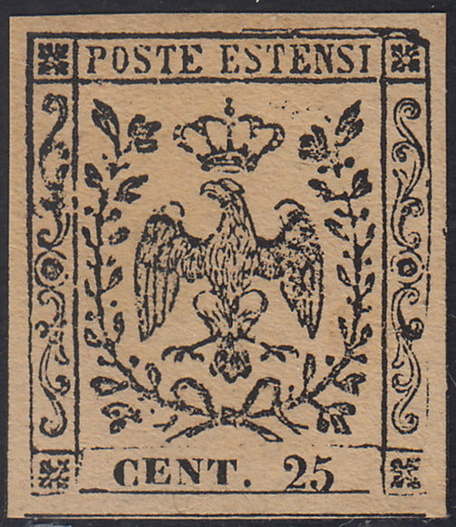 CG209 - 1852 - Aquila estense, emissione senza punto dopo la cifra, c.25 camoscio chiaro nuovo con gomma integra (4)
